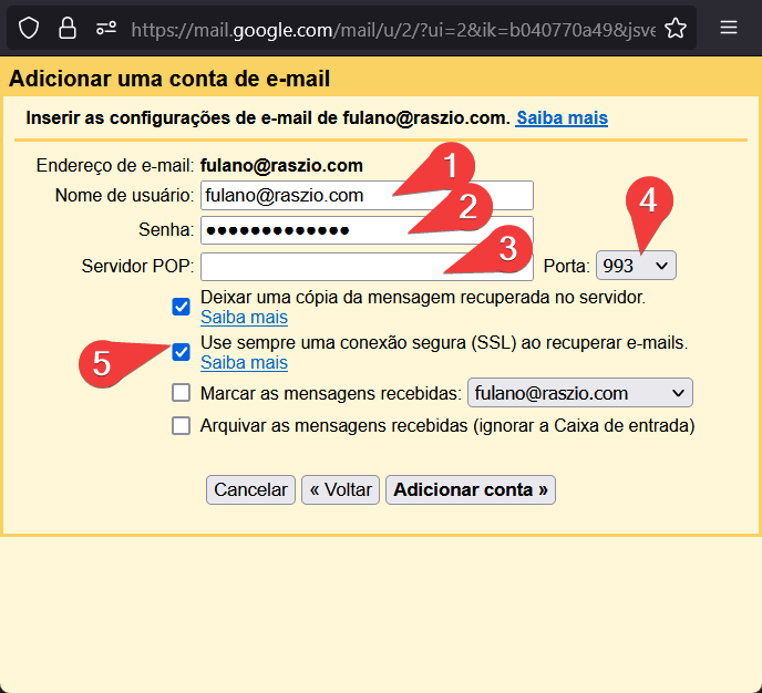 Gmail configuração POP