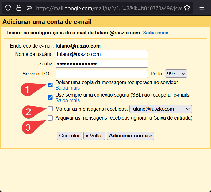 Gmail configuração POP