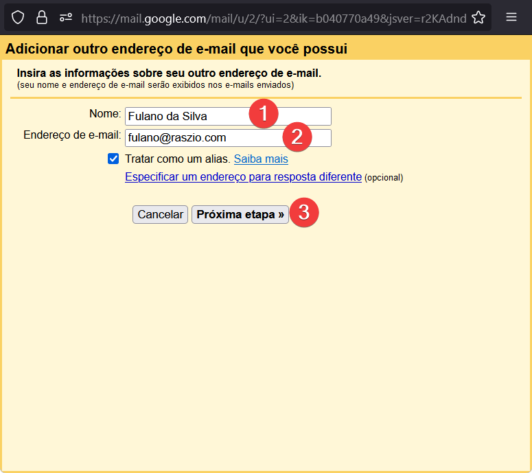 Gmail configuração SMTP tela 1