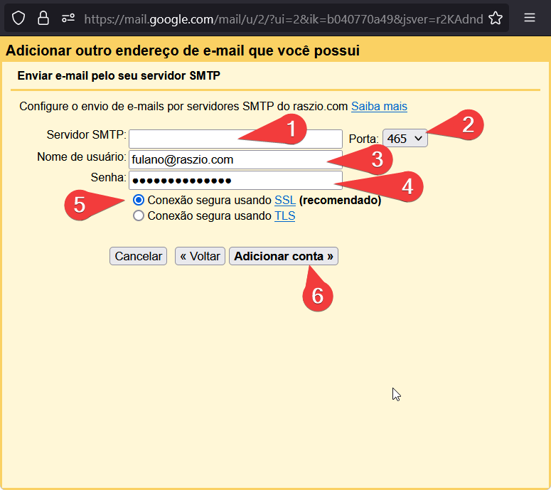 Gmail configuração SMTP tela 2